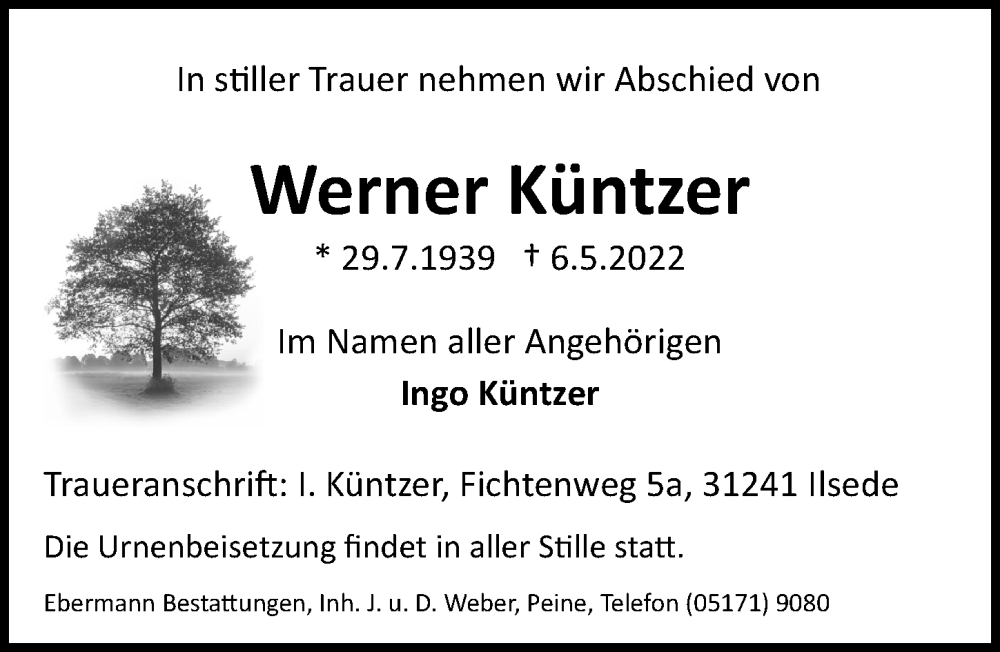  Traueranzeige für Werner Küntzer vom 14.05.2022 aus Peiner Allgemeine Zeitung
