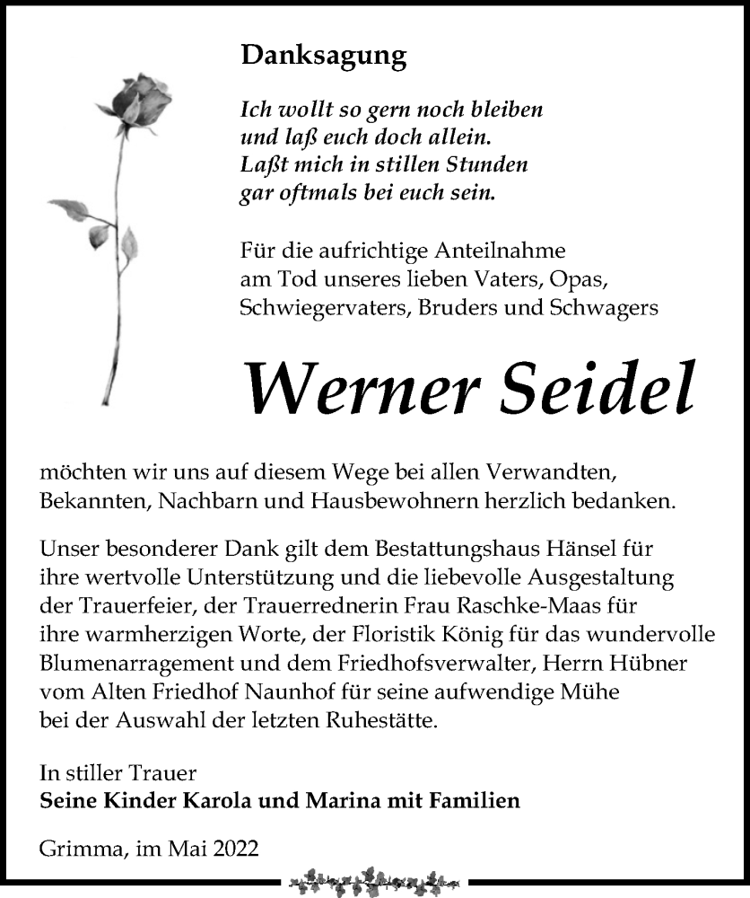  Traueranzeige für Werner Seidel vom 21.05.2022 aus Leipziger Volkszeitung