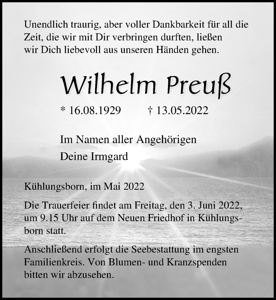  Traueranzeige für Wilhelm Preuß vom 21.05.2022 aus Ostsee-Zeitung GmbH