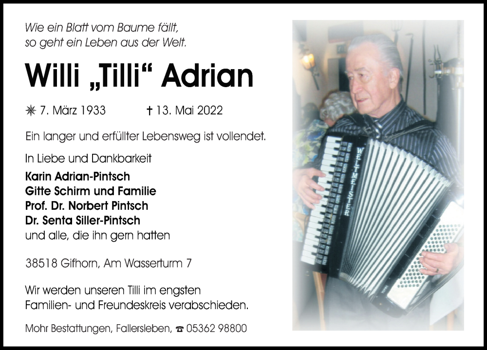  Traueranzeige für Willi Adrian vom 21.05.2022 aus Aller Zeitung