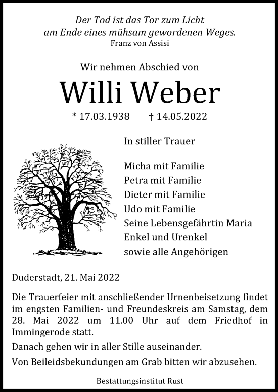 Traueranzeige von Willi Weber von Eichsfelder Tageblatt