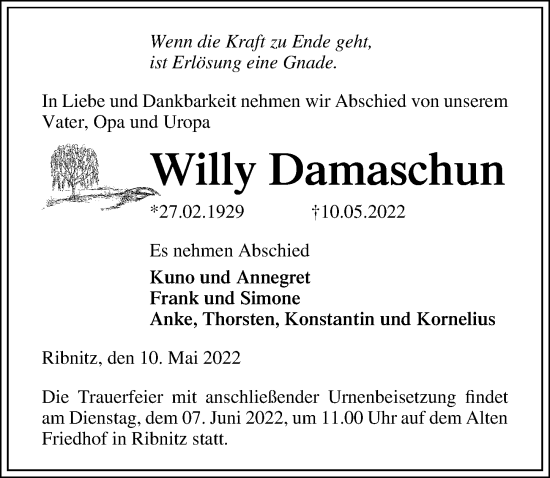 Traueranzeige von Willy Damaschun von Ostsee-Zeitung GmbH