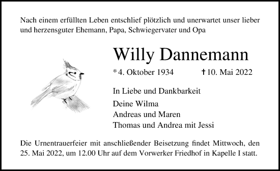 Traueranzeige von Willy Dannemann von Lübecker Nachrichten