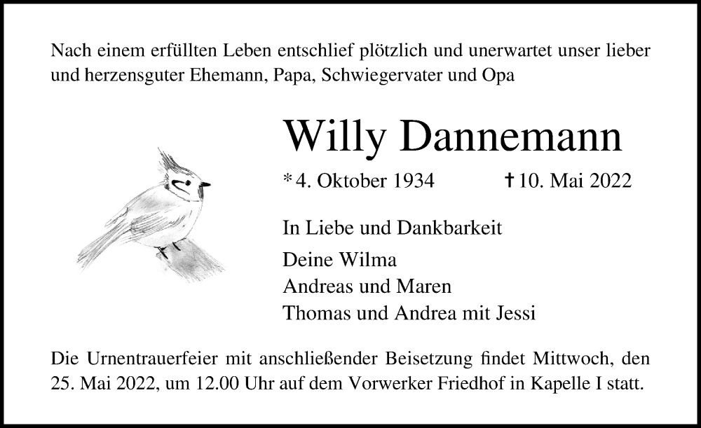  Traueranzeige für Willy Dannemann vom 15.05.2022 aus Lübecker Nachrichten