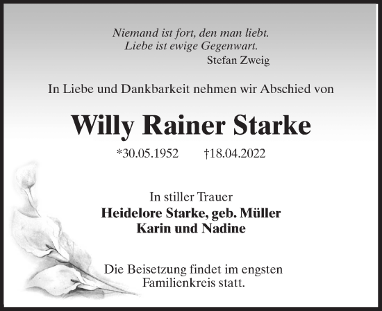 Traueranzeige von Willy Rainer Starke von Märkischen Allgemeine Zeitung