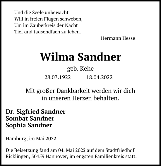 Traueranzeige von Wilma Sandner von Hannoversche Allgemeine Zeitung/Neue Presse