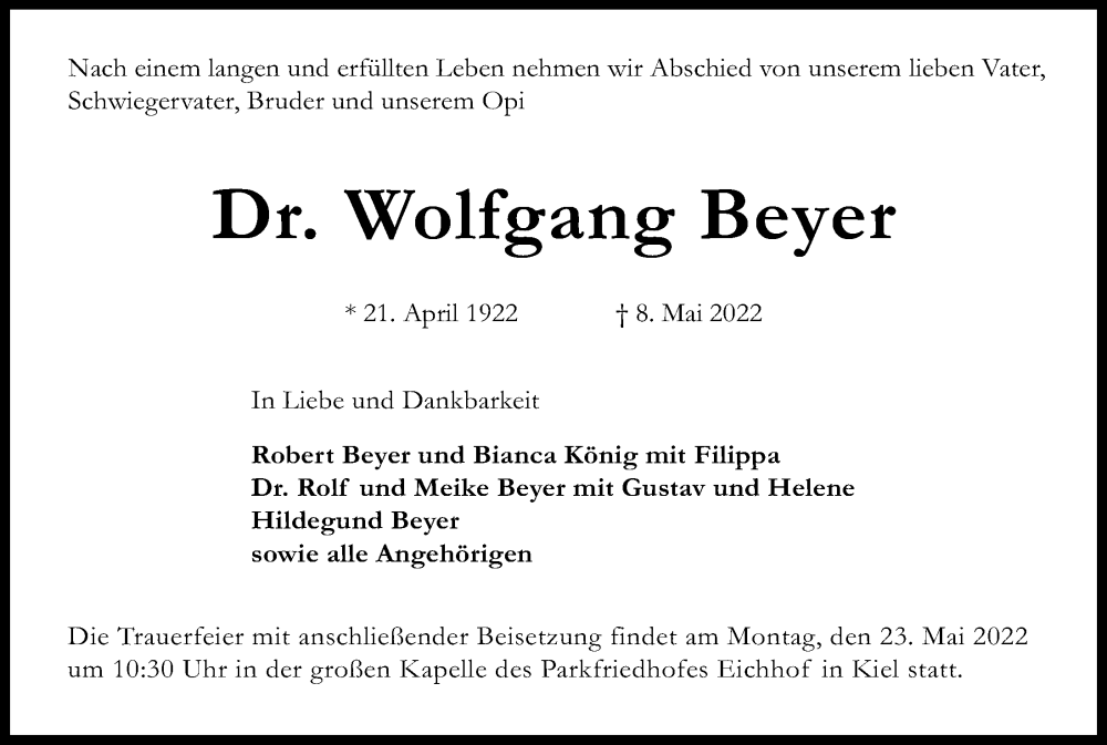  Traueranzeige für Wolfgang Beyer vom 14.05.2022 aus Kieler Nachrichten