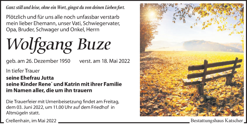  Traueranzeige für Wolfgang Buze vom 21.05.2022 aus Leipziger Volkszeitung