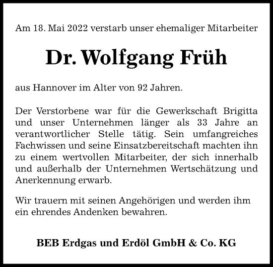 Traueranzeige von Wolfgang Früh von Hannoversche Allgemeine Zeitung/Neue Presse