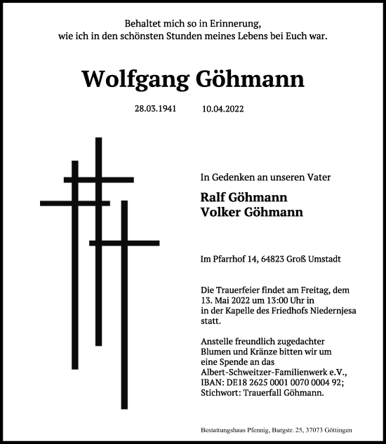 Traueranzeige von Wolfgang Göhmann von Göttinger Tageblatt