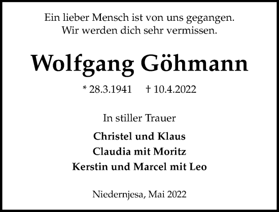 Traueranzeige von Wolfgang Göhmann von Göttinger Tageblatt