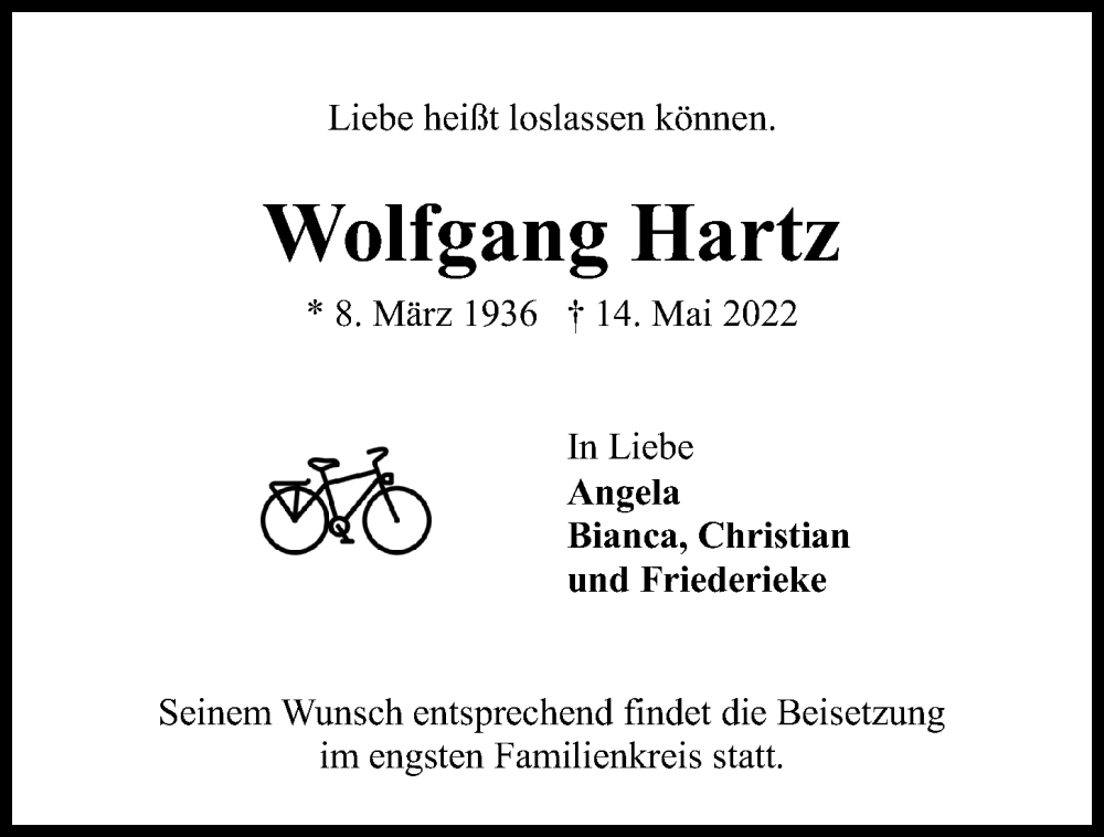  Traueranzeige für Wolfgang Hartz vom 21.05.2022 aus Kieler Nachrichten