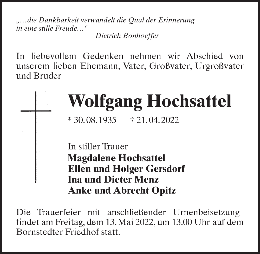  Traueranzeige für Wolfgang Hochsattel vom 07.05.2022 aus Märkischen Allgemeine Zeitung