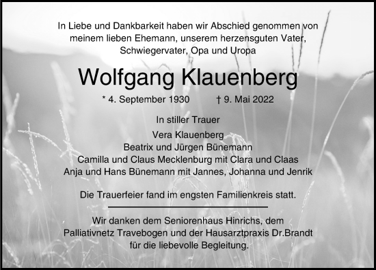 Traueranzeige von Wolfgang Klauenberg von Lübecker Nachrichten