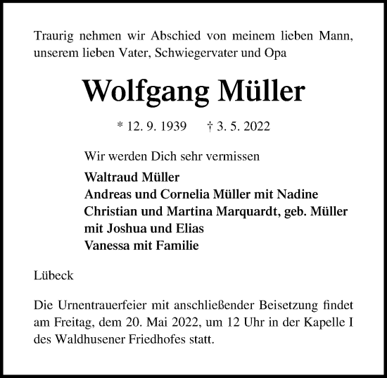 Traueranzeige von Wolfgang Müller von Lübecker Nachrichten