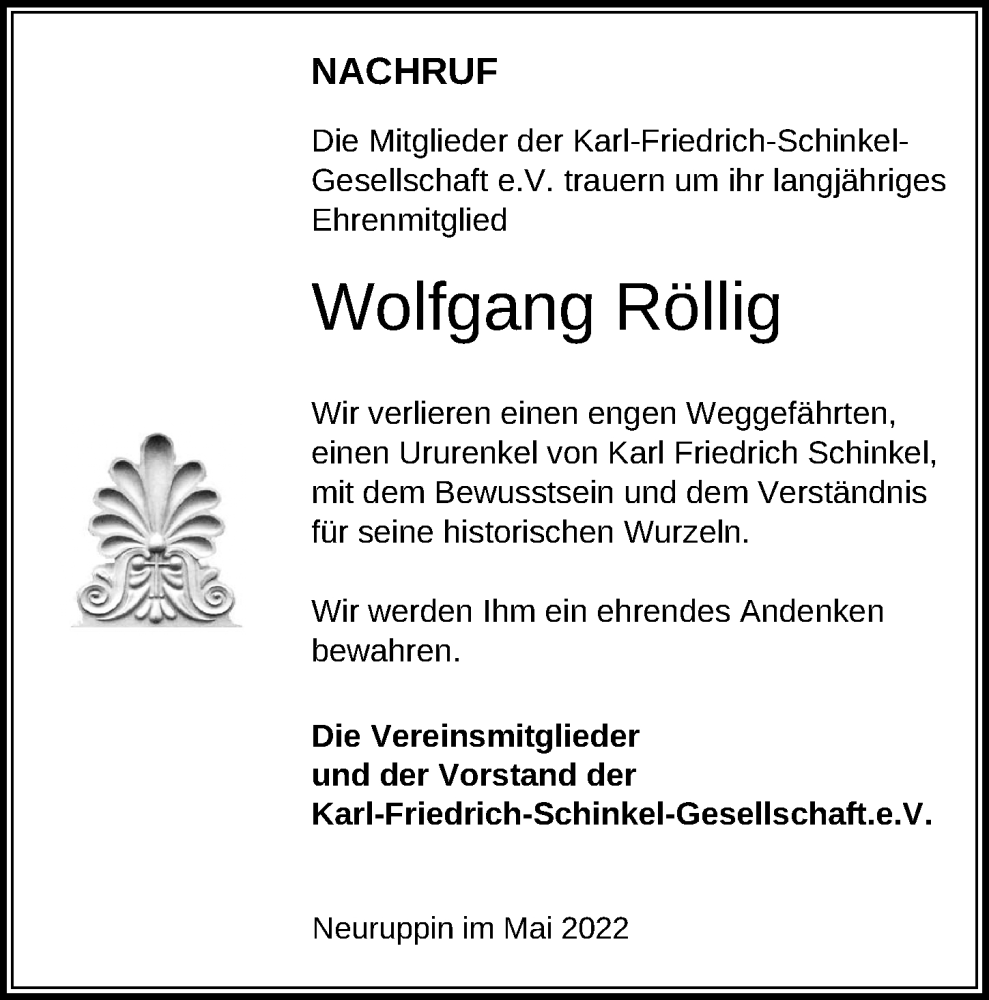  Traueranzeige für Wolfgang Röllig vom 28.05.2022 aus Märkischen Allgemeine Zeitung