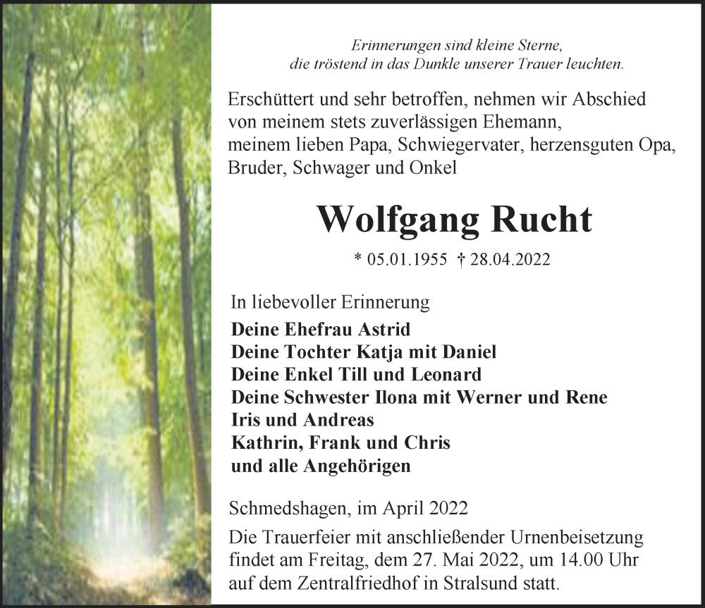  Traueranzeige für Wolfgang Rucht vom 07.05.2022 aus Ostsee-Zeitung GmbH