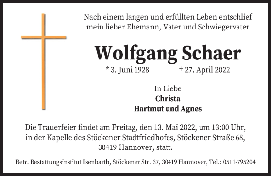 Traueranzeige von Wolfgang Schaer von Hannoversche Allgemeine Zeitung/Neue Presse