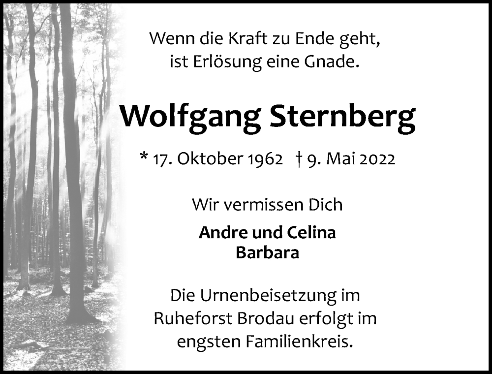  Traueranzeige für Wolfgang Sternberg vom 15.05.2022 aus Lübecker Nachrichten