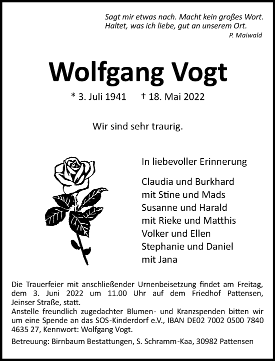 Traueranzeige von Wolfgang Vogt von Hannoversche Allgemeine Zeitung/Neue Presse