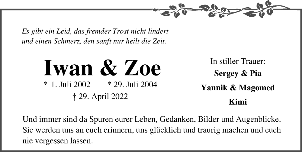  Traueranzeige für Zoe  vom 10.05.2022 aus Lübecker Nachrichten