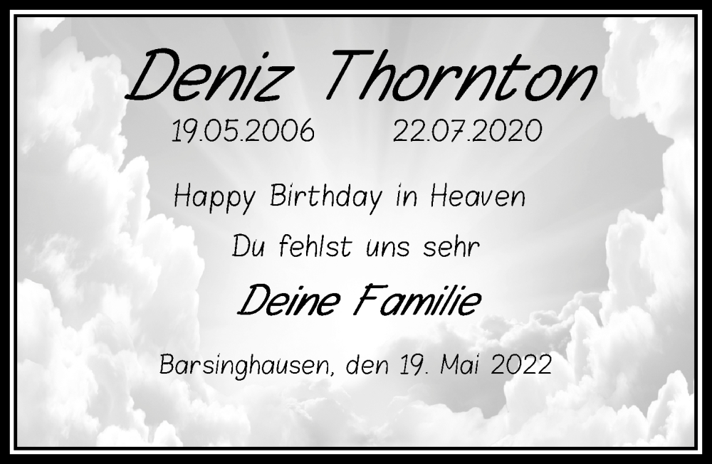  Traueranzeige für Deniz Thornton vom 19.05.2022 aus 