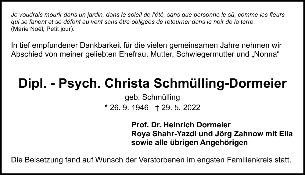  Traueranzeige für Christa Schmülling-Dormeier vom 11.06.2022 aus 