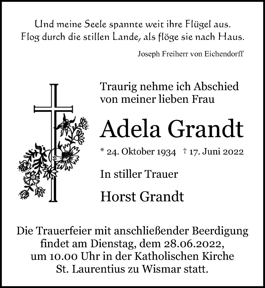  Traueranzeige für Adela Grandt vom 22.06.2022 aus Ostsee-Zeitung GmbH