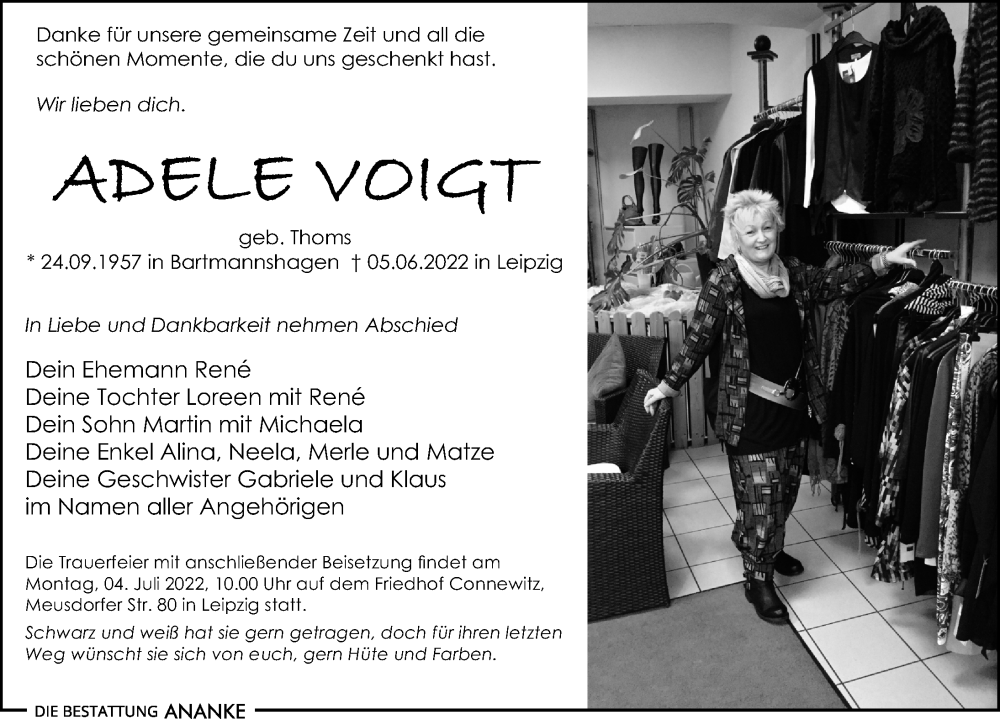  Traueranzeige für Adele Voigt vom 18.06.2022 aus Leipziger Volkszeitung