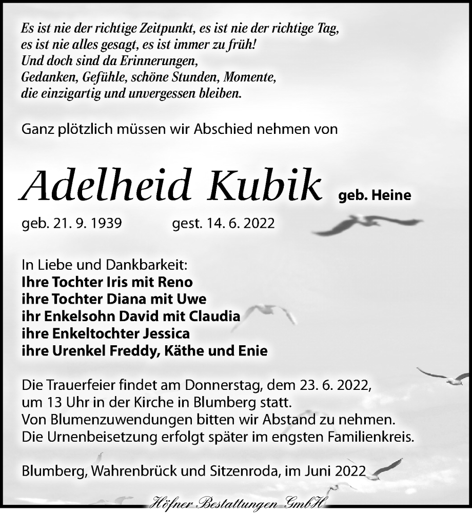  Traueranzeige für Adelheid Kubik vom 18.06.2022 aus Torgauer Zeitung