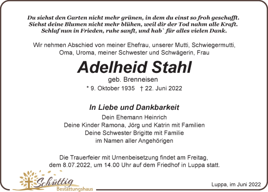 Traueranzeige von Adelheid Stahl von Leipziger Volkszeitung