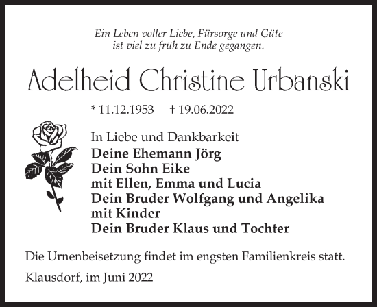 Traueranzeige von Adelheid Christine Urbanski von Märkischen Allgemeine Zeitung