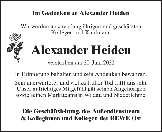 Traueranzeige von Alexander Heiden von Märkischen Allgemeine Zeitung