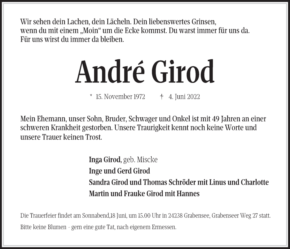  Traueranzeige für Andre Girod vom 11.06.2022 aus Kieler Nachrichten