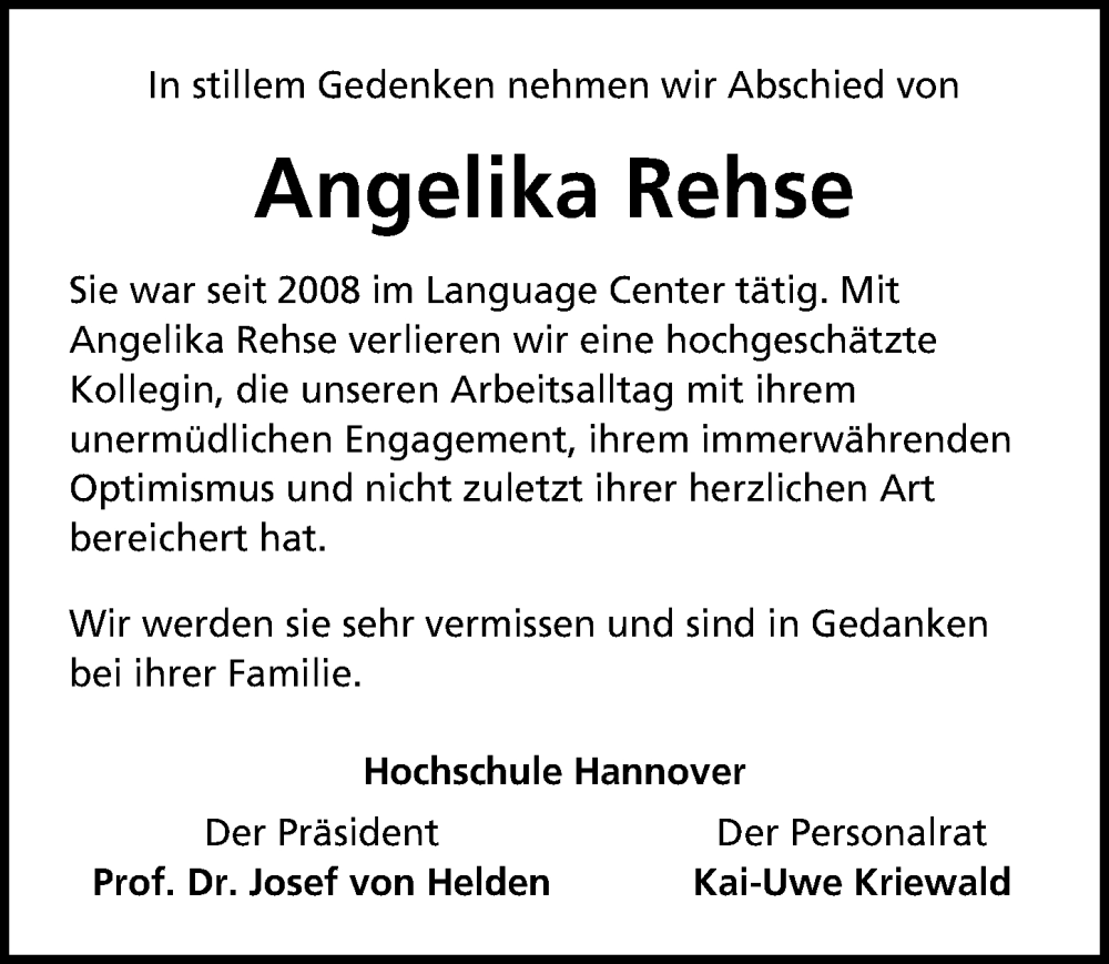  Traueranzeige für Angelika Rehse vom 25.06.2022 aus Hannoversche Allgemeine Zeitung/Neue Presse