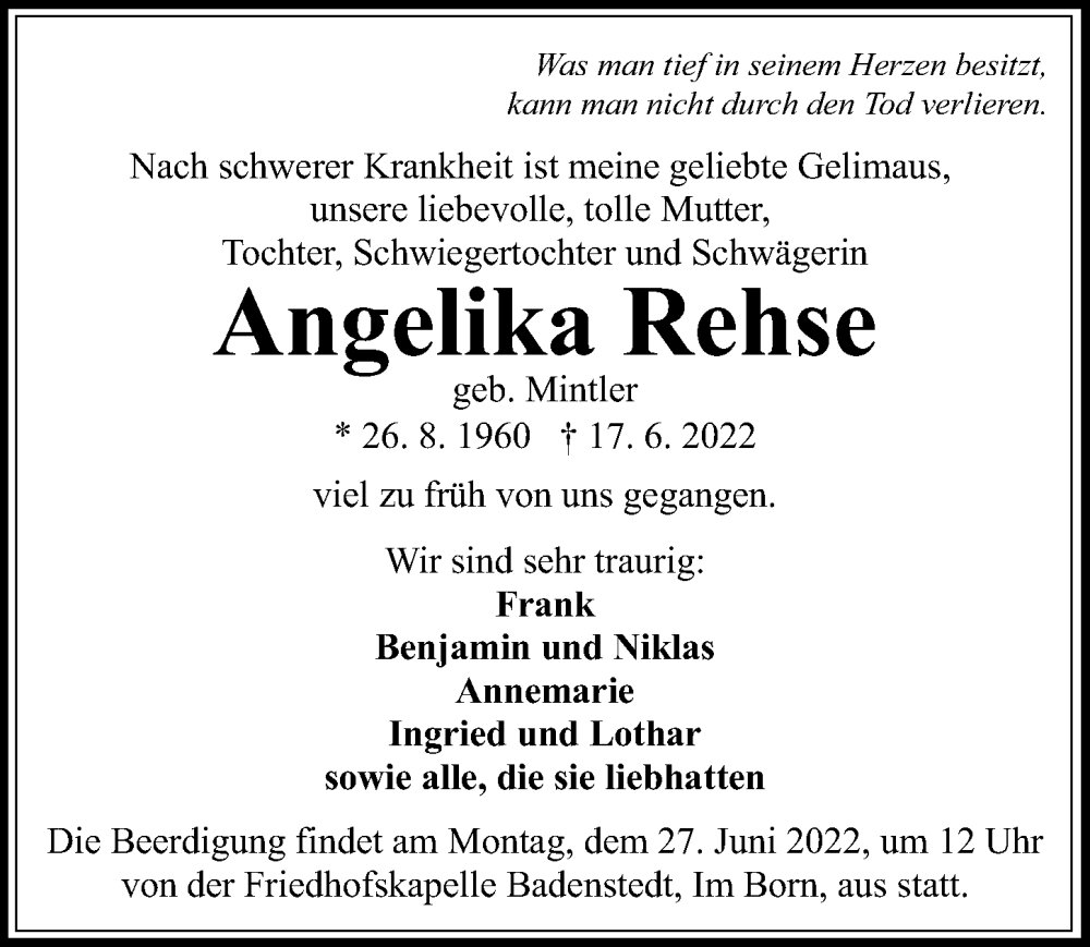  Traueranzeige für Angelika Rehse vom 22.06.2022 aus Hannoversche Allgemeine Zeitung/Neue Presse