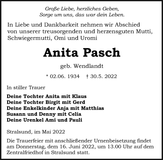 Traueranzeige von Anita Pasch von Ostsee-Zeitung GmbH