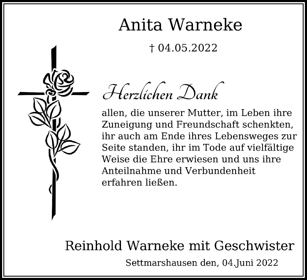  Traueranzeige für Anita Warneke vom 04.06.2022 aus Göttinger Tageblatt
