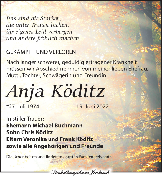 Traueranzeige von Anja Köditz von Leipziger Volkszeitung