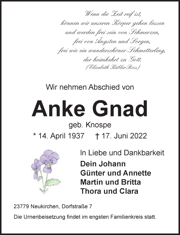  Traueranzeige für Anke Gnad vom 21.06.2022 aus Lübecker Nachrichten