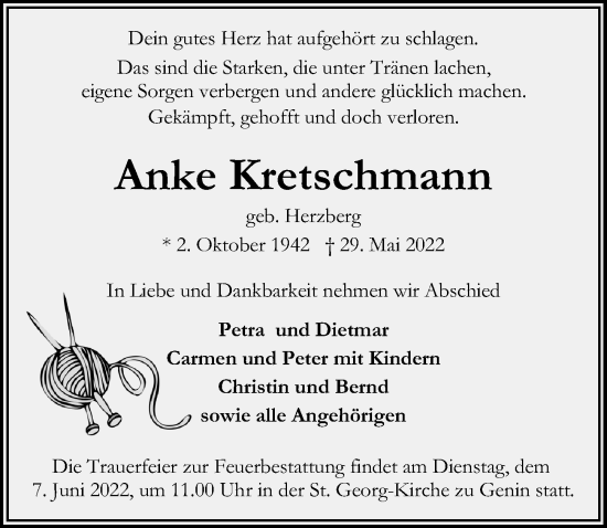 Traueranzeige von Anke Kretschmann von Lübecker Nachrichten