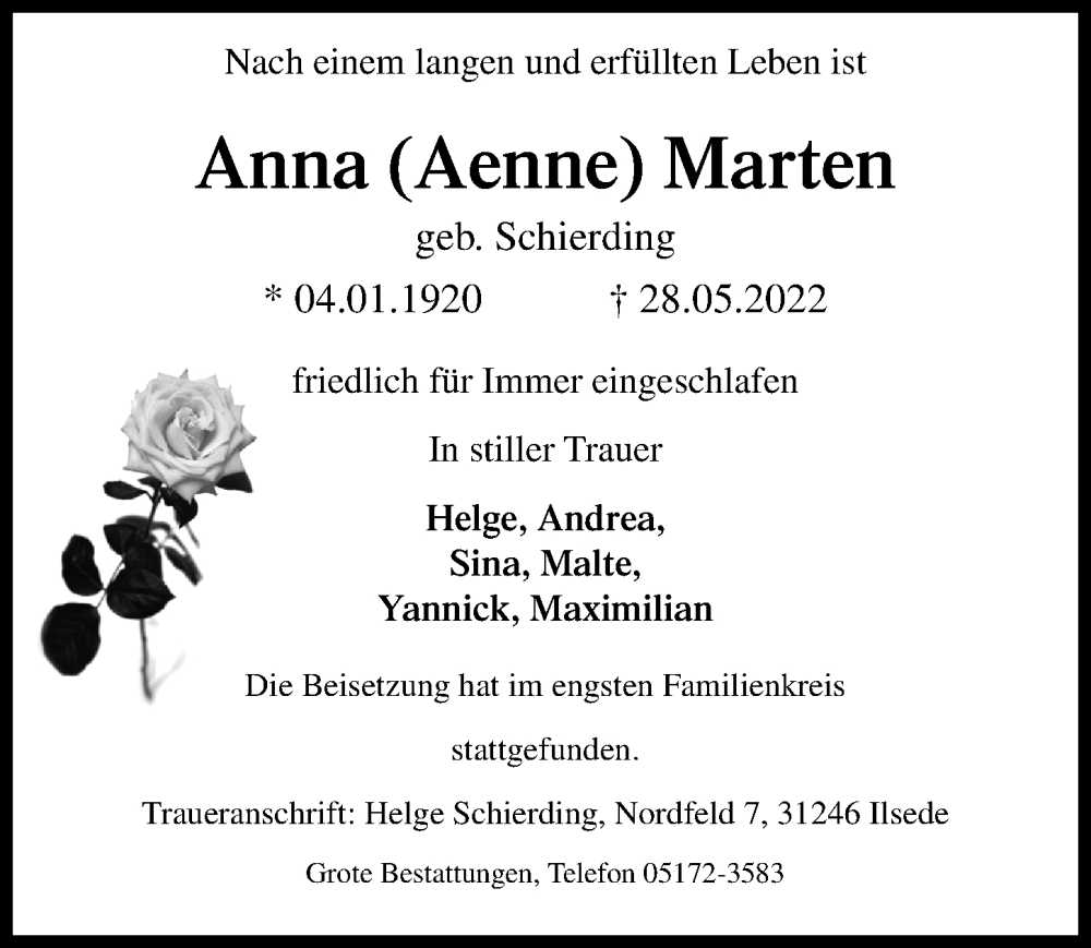  Traueranzeige für Anna Marten vom 17.06.2022 aus Peiner Allgemeine Zeitung