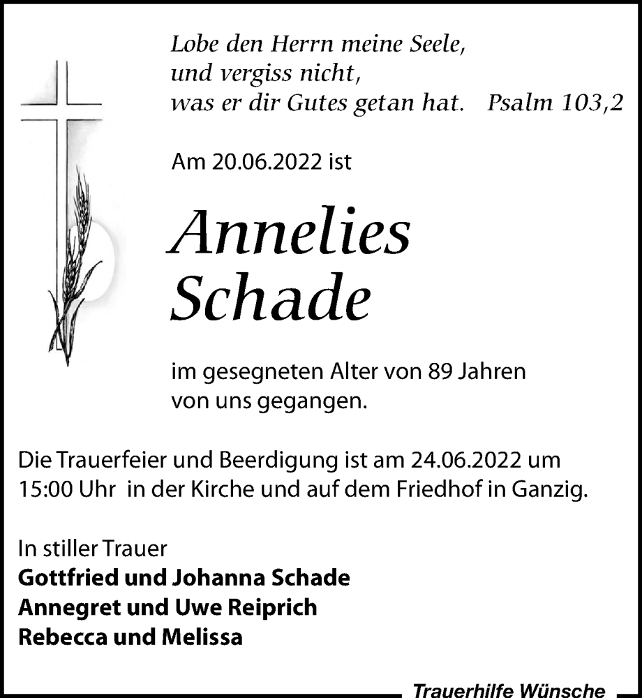  Traueranzeige für Annelies Schade vom 22.06.2022 aus Leipziger Volkszeitung
