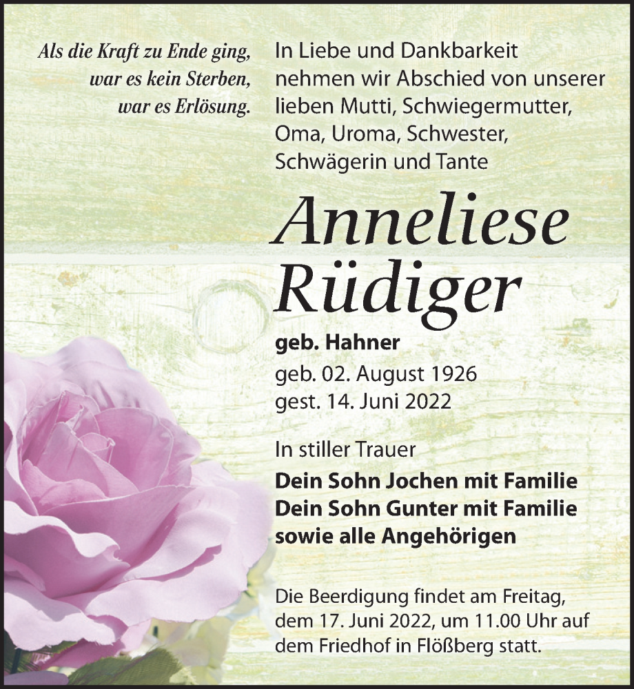  Traueranzeige für Anneliese Rüdiger vom 16.06.2022 aus Leipziger Volkszeitung