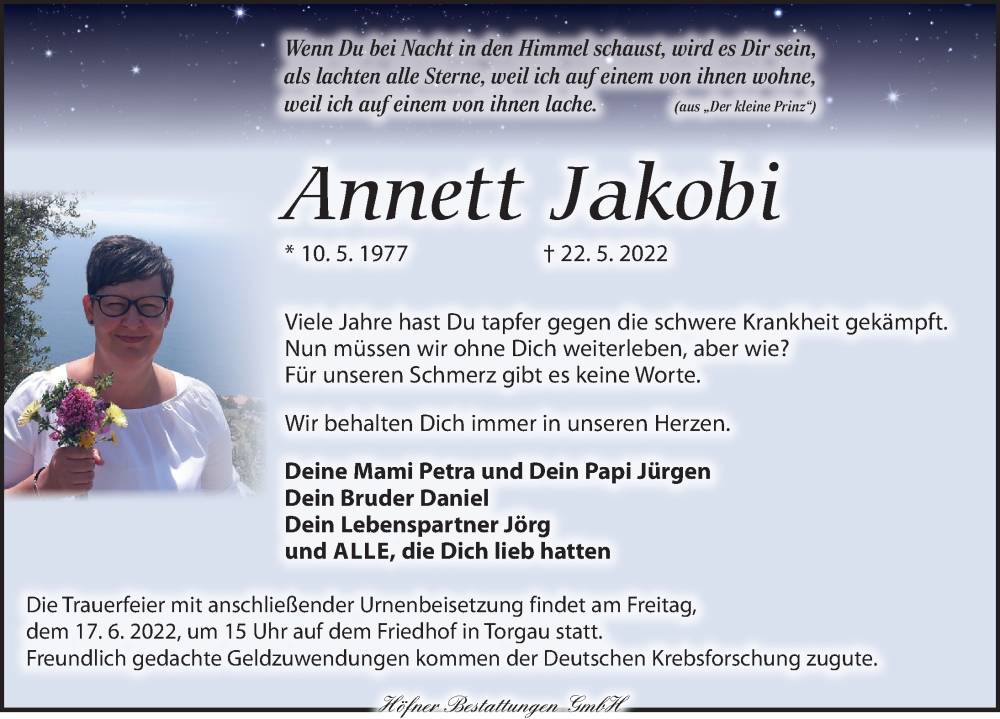  Traueranzeige für Annett Jakobi vom 04.06.2022 aus Torgauer Zeitung