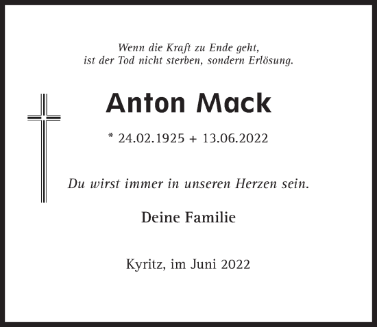Traueranzeige von Anton Mack von Märkischen Allgemeine Zeitung