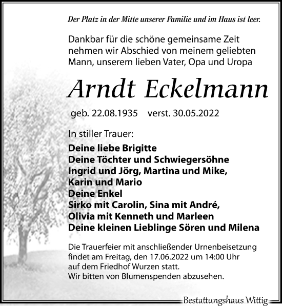 Traueranzeige von Arndt Eckelmann von Leipziger Volkszeitung