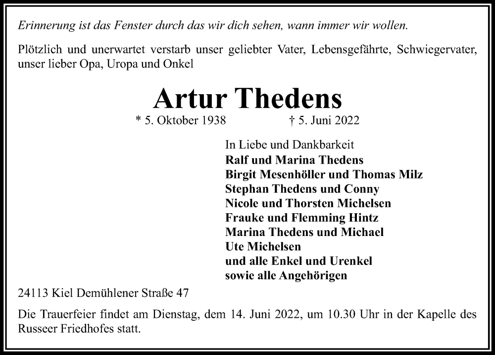  Traueranzeige für Artur Thedens vom 11.06.2022 aus Kieler Nachrichten