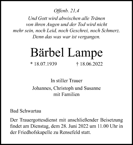 Traueranzeige von Bärbel Lampe von Lübecker Nachrichten