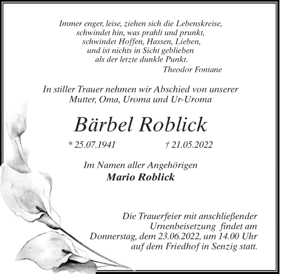 Traueranzeige von Bärbel Roblick von Märkischen Allgemeine Zeitung
